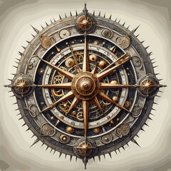 Fototapeta premium The image showcases an intricately designed steampunk-inspired compass with exposed gears, metallic engravings, and a spiked circular frame, symbolizing precision and exploration.