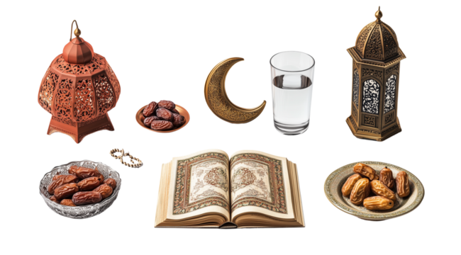 PNG, Ramadan, a set of attributes for Muslim fasting, isolated on a white background, created with Generative AI technology