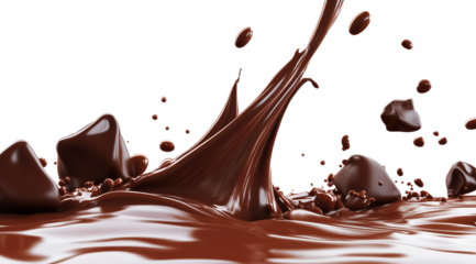 Splashes and pieces of milk chocolate, isolated on white background, created with Generative AI technology, PNG