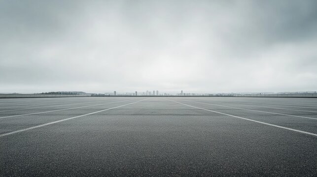 A spacious automotive plaza with a distant skyline under overcast skies. Featuring depth and simplicity