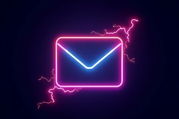 A neon email envelope with pink outline sends sparks of electric communication instantly