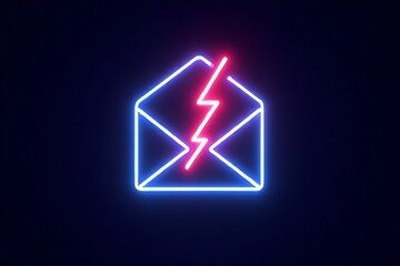 A neon email icon with a red lightning bolt on a dark background