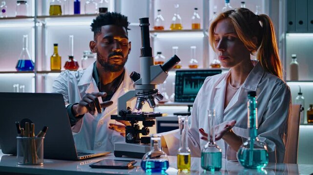 Discusi&oacute;n entre cient&iacute;ficos en laboratorio moderno, analizando datos y resultados de investigaci&oacute;n. Ciencia y colaboraci&oacute;n en equipo. Innovaci&oacute;n y an&aacute;lisis de muestras biol&oacute;gicas