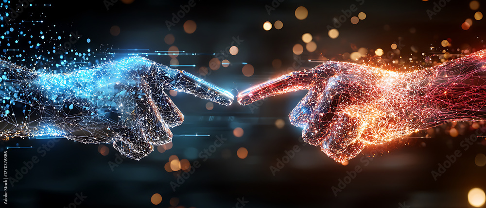 Poster digital connection two hands touching abstract concept futuristic setting close-up view technology a