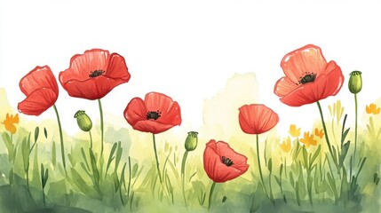 Fototapeta premium A vibrant watercolor illustration of blooming red poppies amidst lush green grass, capturing the essence of springtime beauty and nature's artistry.