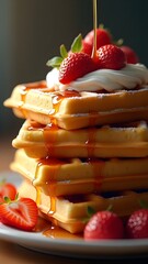 Classic Belgian Waffles with Strawberries and Whipped Cream