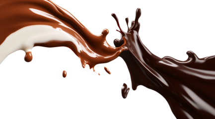 Splashes of milk and dark chocolate, isolated on white background, created with Generative AI technology, PNG
