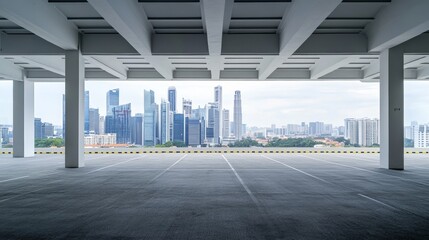 A spacious car plaza with a modern city skyline in the background. Featuring sleek design and openness