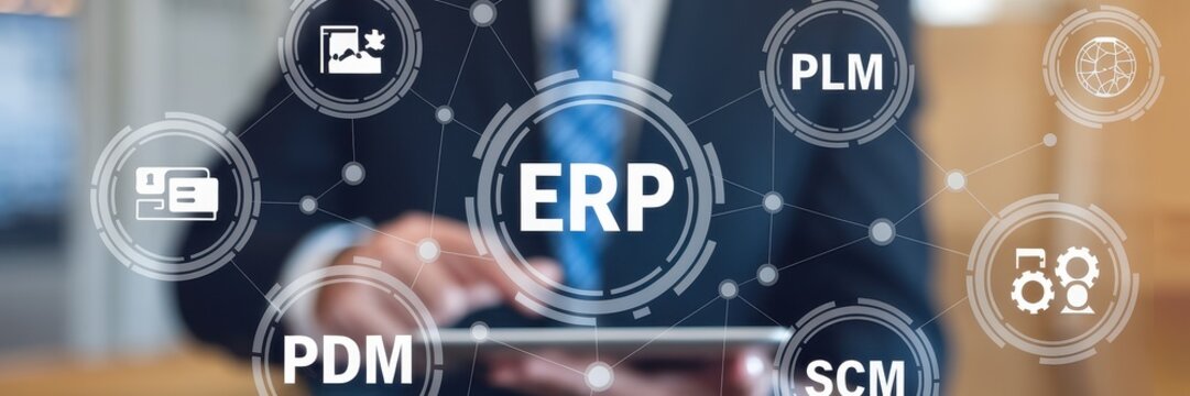 Businessman displays erp plm pdm and scm systems visually