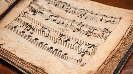 Antique sheet music book open on wooden table