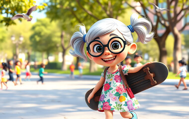 A lively elderly girl with oversized round glasses, wearing a colorful floral dress and sneakers, holding a skateboard. Her silver hair is tied in two playful pigtails, and she has a mischievous grin.