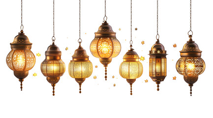 PNG, Ramadan, lanterns on chains, isolated on white background, created with Generative AI technology