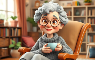 A charming old lady with short curly gray hair, round glasses resting on her nose, and a warm smile. She wears a cozy knitted sweater and a long skirt, sitting in a rocking chair with a cup of tea. 