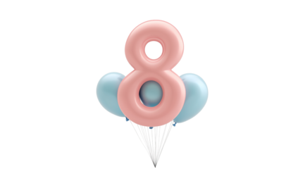 8 March, International Women's Day, pink figure eight balloon and blue balloons, close up, created with Generative AI technology, PNG