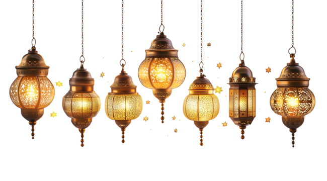 PNG, Ramadan, lanterns on chains, isolated on white background, created with Generative AI technology