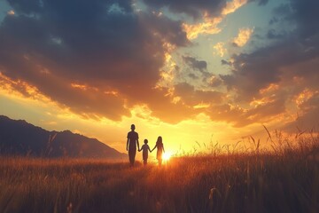Fototapeta premium Silhouetted family walks hand-in-hand into a vibrant sunset over a field. Perfect for themes of family, unity, hope, and the beauty of nature.