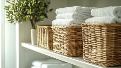 White towels in wicker baskets on white shelves, houseplant in background