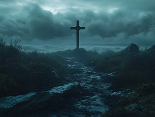 Naklejka premium Silhouette of Cross on Hilltop Under Moody Sky Symbol of Faith Hope and Spiritual Journey