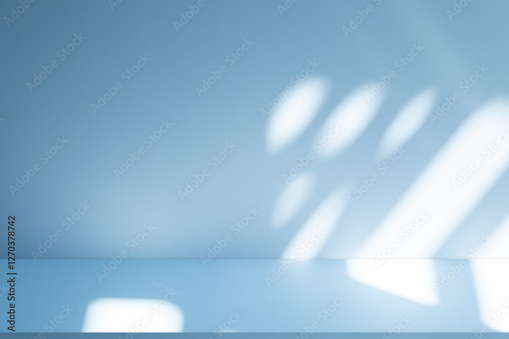 Poster Wall interior background, studio and backdrops show products. with soft light shadow from window color blue and white. background for text insertion and presentation of product	
