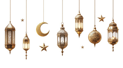 PNG, Ramadan, lanterns on chains with crescent moon and stars, isolated on white background, created with Generative AI technology
