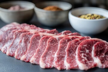 Modern display of exquisite raw beef cuts showcasing lean meat and marbled Wagyu steak with seasoning in the background. Generative AI