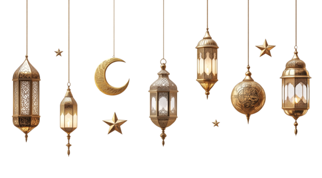 PNG, Ramadan, lanterns on chains with crescent moon and stars, isolated on white background, created with Generative AI technology