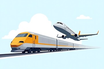 An illustration shows a train and plane against a sky background image