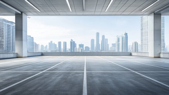 A spacious car plaza with no vehicles and a clear view of a city skyline. Featuring modernity and openness