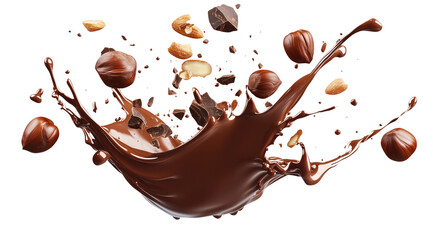 Falling splashes of milk chocolate and pieces of hazelnuts and almonds, isolated on white background, created with Generative AI technology, PNG