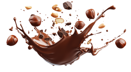 Falling splashes of milk chocolate and pieces of hazelnuts and almonds, isolated on white background, created with Generative AI technology, PNG