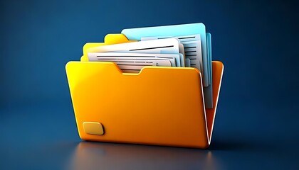 An orange folder filled with documents stands against a dark blue background.