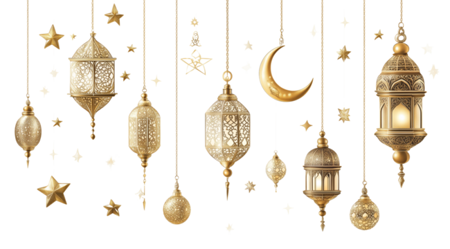 PNG, Ramadan, lanterns on chains with crescent moon and stars, isolated on white background, created with Generative AI technology