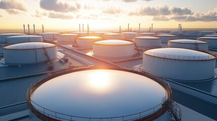 Sunlit Industrial Oil Storage Tanks Against Cloudy Sky