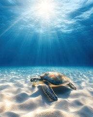 Obraz premium Serene Underwater Scene with Sea Turtle Resting on Sandy Seabed Bathed in Sunlight Rays