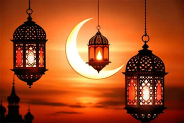 Fototapeta premium Ramadan lanterns, crescent moon, sunset, mosque silhouette, religious celebration, background, stock photo