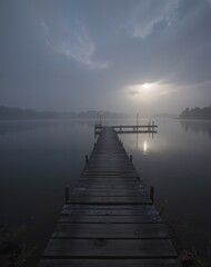 Obraz premium A foggy pier stretches over a calm lake, with soft light filtering through the mist