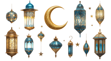PNG, Ramadan, set of lanterns with crescent moon and stars, isolated on white background, created with Generative AI technology