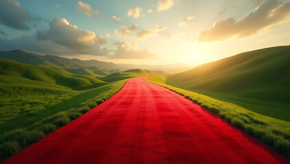 A luxurious red carpet unrolling into the horizon, blending seamlessly into a winding road. A powerful metaphor for success, hard work, and the journey toward achievement.
