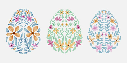 Watercolor illustration of flower arrangements in the shape of easter eggs