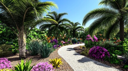 Fototapeta premium Lush Tropical Garden Pathway Surrounded by Colorful Flowers and Palm Trees Under Bright Blue Sky
