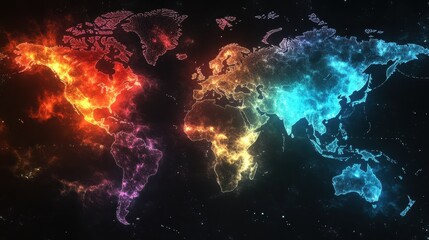 Fototapeta premium A vibrant, digital representation of the world map, showcasing a blend of fiery red and cool blue hues, symbolizing diversity and global connectivity.