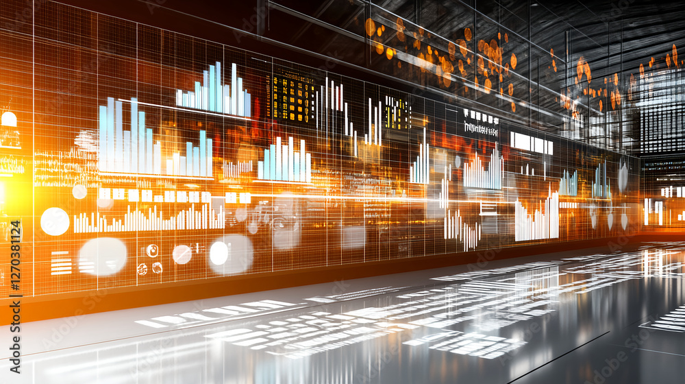 Poster dynamic data visualization display modern office space digital content high-tech environment wide-an