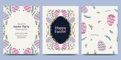 Easter day design with flower frame, easter element watercolor illustration. Easter egg hunt invitation.