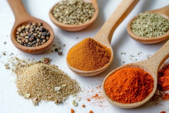 Colorful array of dried spices in wooden vessels showcasing natural flavors and culinary delights. Generative AI