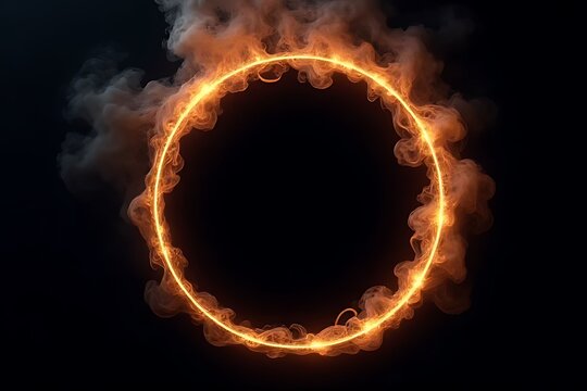 Burning ring of fire with surrounding smoke is in dark background