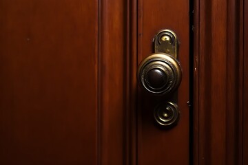 Close-up of a vintage brass doorknob on a dark wooden door