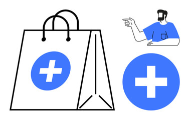 Shopping bag with blue cross, man in blue shirt pointing right. Ideal for online shopping, healthcare, pharmacy, charity, service industry, marketing graphical communication. Abstract line flat