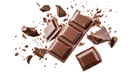 Falling slices and crumbs of milk chocolate, isolated on white background, created with Generative AI technology, PNG