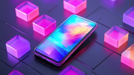 Vibrant Smartphone Surrounded by Colorful Neon Cubes on Dark Surface