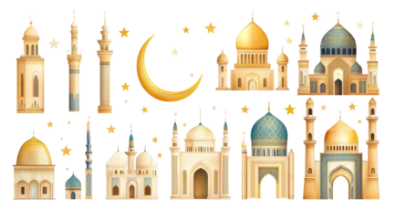 PNG, Ramadan, set of mosques with stars and moon, isolated on white background, created with Generative AI technology